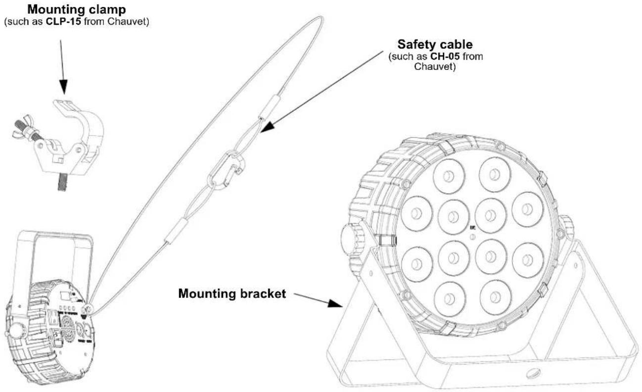 Mounting clamp (such as CLP-15 from Chauvet) Safety cable (such as CH-05 from Chauvet) Mounting bracket