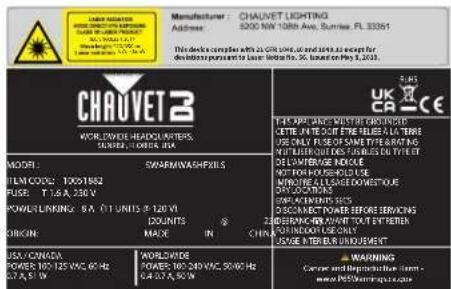 Chauvet Swarm Wash FX ILS - Warn- und Sicherheitsschilder auf dem Lasergerät - 1