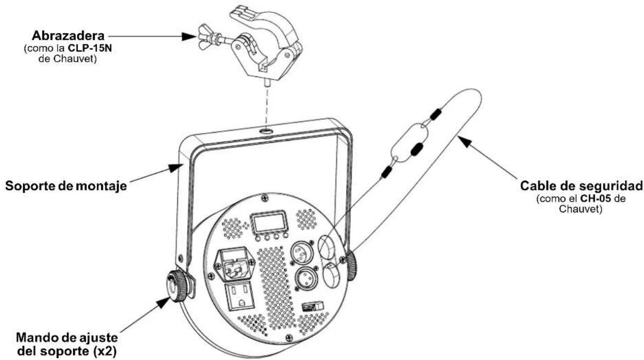 Abrazadera (como la CLP-15N de Chauvet) Soporte de montaje Mando de ajuste del soporte (x2) Cable de seguridad (como el CH-05 de Chauvet)
