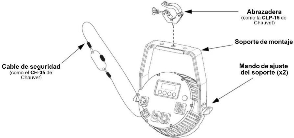 Cable de seguridad (como el CH-05 de Chauvet) Abrazadera (como la CLP-15 de Chauvet) Soporte de montaje Mando de ajuste del soporte (x2)