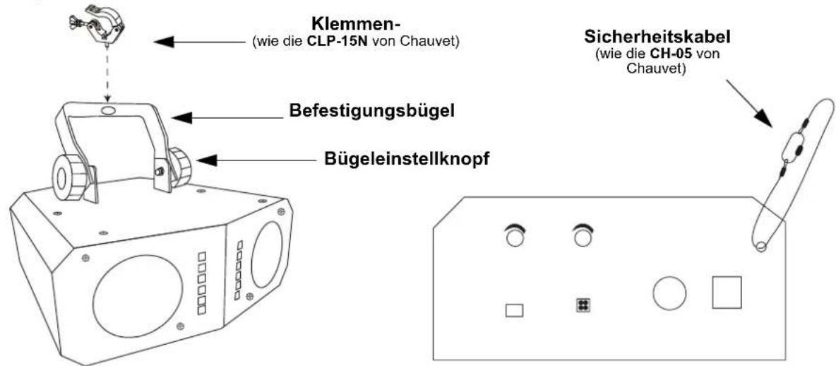 Klemmen- (wie die CLP-15N von Chauvet) Befestigungsbügel Bügeleinstellknopf Sicherheitskabel (wie die CH-05 von Chauvet)