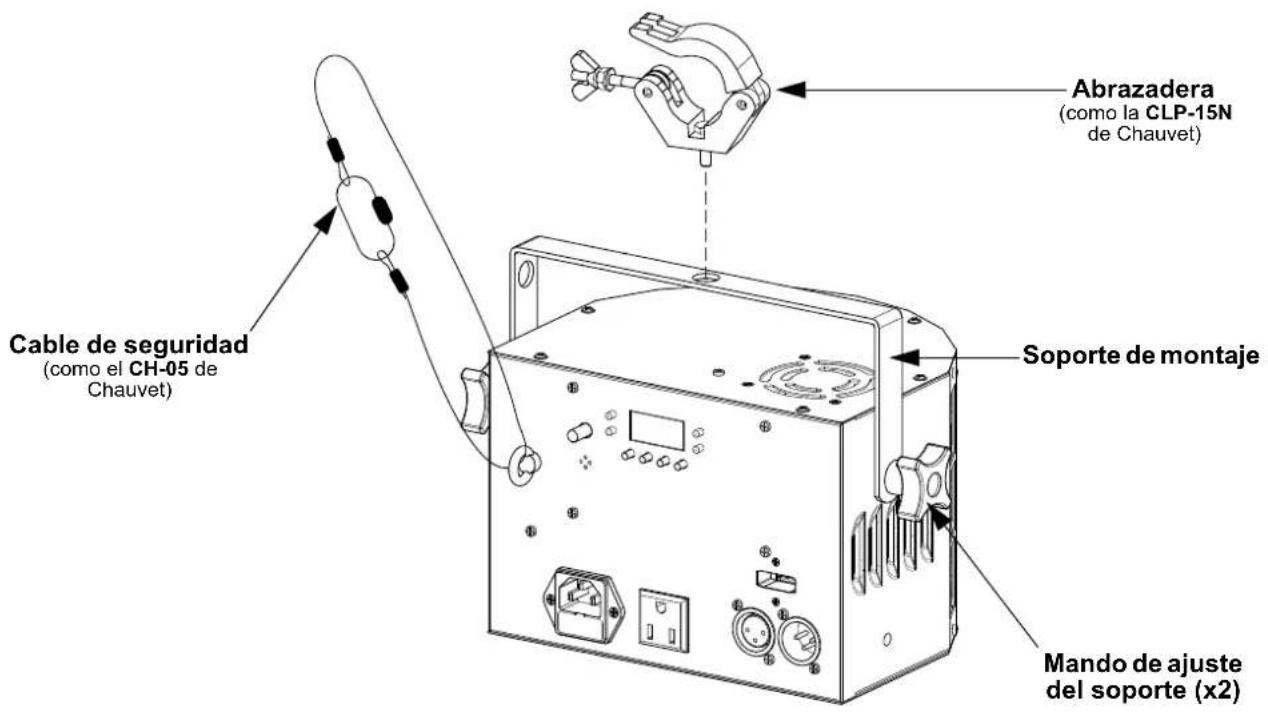 Cable de seguridad (como el CH-05 de Chauvet) Abrazadera (como la CLP-15N de Chauvet) Soporte de montaje Mando de ajuste del soporte (x2)