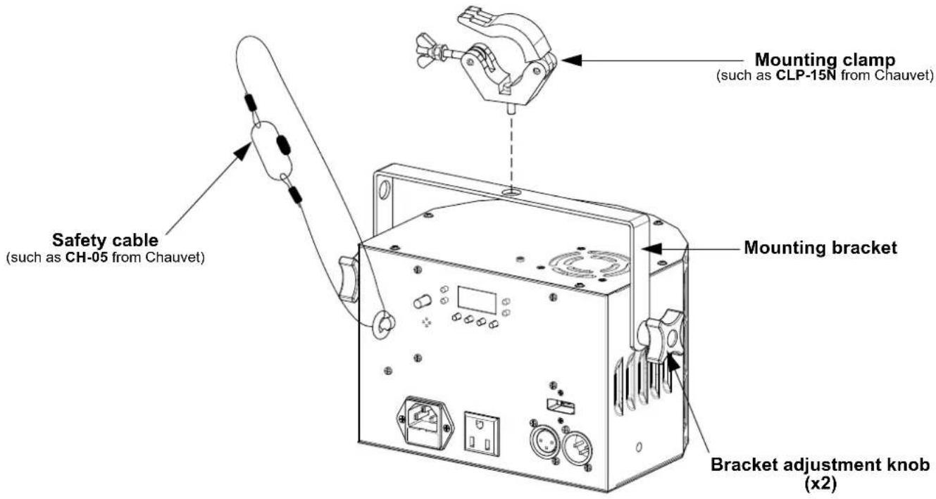Mounting clamp (such as CLP-15N from Chauvet) Mounting bracket Safety cable (such as CH-05 from Chauvet) Bracket adjustment knob (x2)