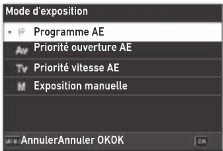 Mode d'exposition Programme AE Priorité ouverture AE Priorité vitesse AE Exposition manuelle AnnulerAnnuler OKOK