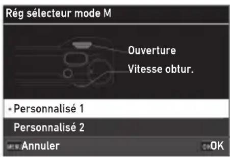 Rég sélecteur mode M Ouverture Vitesse obtur. • Personnalisé 1 Personnalisé 2 Annuler OK