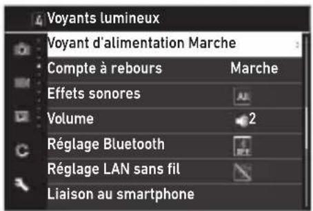 Voyants lumineux Voyant d'alimentation Marche Compte à rebours Marche Effets sonores AU Volume 2 Réglage Bluetooth Réglage LAN sans fil Liaison au smartphone