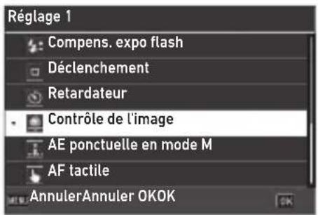 Réglage 1 Compens, expo flash Déclenchement Retardateur Contrôle de l'image AE ponctuelle en mode M AF tactile AnnulerAnnuler OKOK