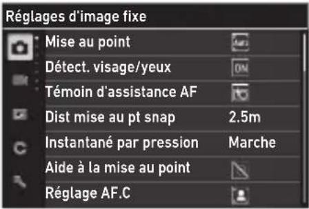 Réglages d'image fixe Mise au point Détect. visage/yeux Témoin d'assistance AF Dist mise au pt snap 2.5m Instantané par pression Marche Aide à la mise au point Réglage AF.C