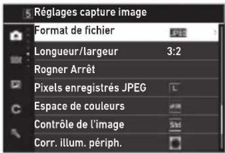 Réglages capture image Format de fichier Longueur/largeur 3:2 Rogner Arrêt Pixels enregistrés JPEG Espace de couleurs Contrôle de l'image Corr. illum. périph.