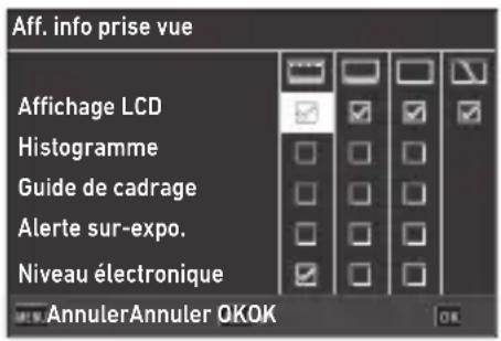 Aff. info prise vue Affichage LCD Histogramme Guide de cadrage Alerte sur-expo. Niveau électronique AnnulerAnnuler OKOK