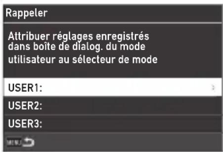 Rappeler Attribuer réglages enregistrés dans boîte de dialog. du mode utilisateur au sélecteur de mode USER1: USER2: USER3: