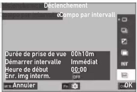 Déclenchement Tempo par intervall eCompo par intervall Durée de prise de vue 00h10m Démarrer intervalle Immédiat Heure de début 00:00 Enr. img interm. Annuler OK