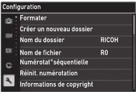 Configuration Formater Créer un nouveau dossier Nom du dossier RICOH Nom de fichier R0 Numérotat° séquentielle Réinit. numérotation Informations de copyright