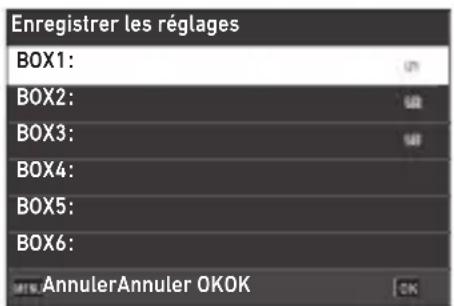 Enregistrer les réglages BOX1: BOX2: BOX3: BOX4: BOX5: BOX6: AnnulerAnnuler OKOK