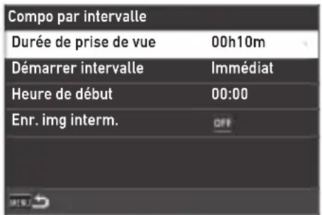 Compo par intervalle Durée de prise de vue 00h10m Démarrer intervalle Immédiat Heure de début 00:00 Enr. img interm. OFF