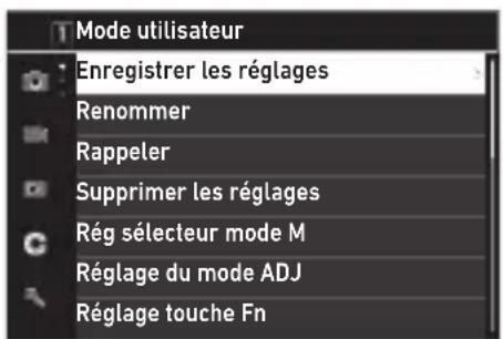 Mode utilisateur Enregistrer les réglages Renommer Rappeler Supprimer les réglages Rég sélecteur mode M Réglage du mode ADJ Réglage touche Fn