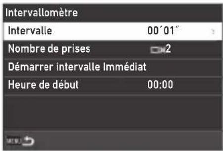 Intervallomètre Intervalle 00'01" Nombre de prises 2 Démarrer intervalle Immédiat Heure de début 00:00