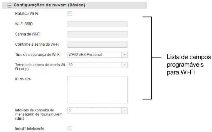 Configurações de nuvem (Básico) Habilitar Wi-Fi Wi-Fi SSID Senha de Wi-Fi Confirme a senha do Wi-Fi Tipo de segurança de Wi-Fi WPA2 AES Personal Tempo de espera do modo Wi-Fi (seg.) ID do site Intervalo de consulta de mensagem de vozna nuvem (Mín.) Insight Inteligente Lista de campos programáveis para Wi-Fi