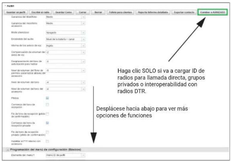 Perdit Guardar en parti Encitar el radio Guardar Centro Cemar Bemar Foliteo para clientes Reporte informe detailado Exportar contacto Carrier a AVRIZADO Garancia del microfono Medio Garancia del microfono accesorios Medio Mode silendoso Asegado Encendido del audio Nivel de la batería + canai Morna de los aspectos de vcc Ingalls Compensación del volumen del dodo de vcc Degrapacamente del tono de autorización para habitar Nivel de volumen del tono de parmaia para hacia ativos del accesora Nivel de volumen del tono -4 Nivel de volumen del tono del accesora Pildos Converso del tono de recepción Fin de tono de recepción privada de confirmación Converso del tono de recepción privada Fin detorno de recepción privada (pilido de confirmación) Unidatar el PTT máximo con autoración Programación del menú de configuración (Bávicos) Elemente del menú 1 manú ID de parti Haga clic SOLO si va a cargar ID de radios para llamada directa, grupos privados o interoperabilidad con radios DTR. Desplácese hacia abajo para ver más optiones de funciones