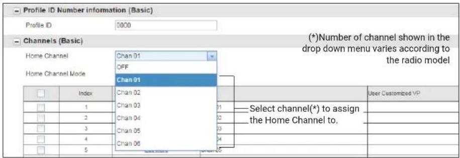 Profile iD Number information (Basic) Profile ID 0000 Channels (Basic) Home Channel Chan 01 OFF Chan 01 Index Chan 02 Chan 03 11 Chan 04 22 Chan 05 33 Chan 06 24 Select channel(*) to assign the Home Channel to. Home Channel Mode User Customized VP 1 2 3 4 5