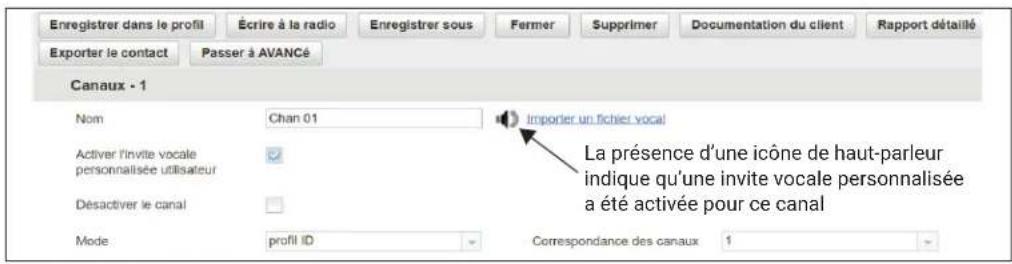 Enregistrer dans le profil Écrire à la radio Enregistrer sous Fermer Supprimer Documentation du client Rapport détaillé Exporter le contact Passer à AVANCé Canaux - 1 Nom Chan 01 Importer un fichier vocal Activer l'invite vocale personnalisée utilisateur La présence d'une icône de haut-parleur indique qu'une invite vocale personnalisée a été activée pour ce canal Désactiver le canal Mode profil ID Correspondance des canaux 1