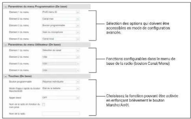 Paramètres du menu Programmation (De base) Étlement 1 du menu Étlement 2 du menu Étlement 3 du menu Étlement 4 du menu Étlement 5 du menu Paramètres du menu Utilisateur (De base) Étlement 1 du menu Étlement 2 du menu Étlement 3 du menu Étlement 4 du menu Touches (De base) Bouton programmable Mode d'appui rapide du bouton Marche/Arrêt Appel direct Nom de la radio en fonction du nom prise Nom de la radio Sélection des options qui doivent être accessibles en mode de configuration avancée. Fonctions configurables dans le menu de base de la radio (bouton Canal/Menu) Choisissez la fonction pouvant être activée en enfonçant brièvement le bouton Marche/Arrêt