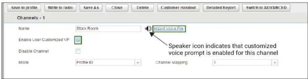 Save to profile Write to radio Save As Close Delete Customer Handout Detailed Report Switch to ADVANCED Channels - 1 Name Stock Room Import Voice File Enable User Customized VP Speaker icon indicates that customized voice prompt is enabled for this channel Disable Channel Mode Profile ID Channel Mapping 1