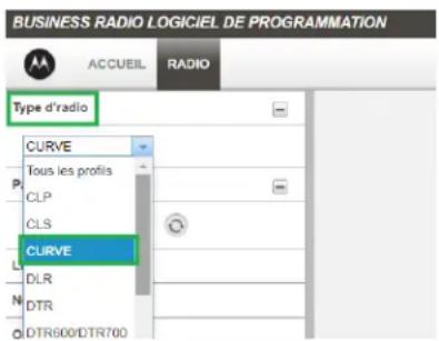 BUSINESS RADIO LOGICIEL DE PROGRAMMATION ACCUEIL RADIO Type d'radio CURVE Tous les profils CLP CLS CURVE DLR DTR DTR600/DTR700