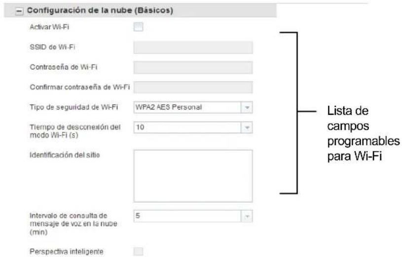 Configuración de la nube (Básicos) Activar Wi-Fi SSID de Wi-Fi Contraseña de Wi-Fi Confirmar contraseña de Wi-Fi Tipo de seguridad de Wi-Fi WPA2 AES Personal Tiempo de desconexión del modo Wi-Fi (s) 10 Identificación del sitio Intervalo de consulta de mensaje de voz en la nube (min) 5 Perspectiva inteligente Lista de campos programables para Wi-Fi