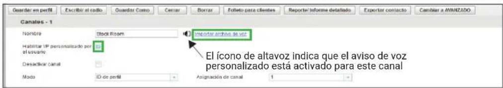Quardar en perfil Encribir el collo Quardar Como Cerrar Bottar Folieto para clientes Reporte informe detallado Espesor contacto Cambiar a AVANIZADO Canales - 1 Nombre Stack Room Importar activas de voz Habitar IP personalizado por el usuario El ícono de altavoz indica que el aviso de voz personalizado está activado para este canal Desactivar canal Mode ID de perfil Asignación de canal 1
