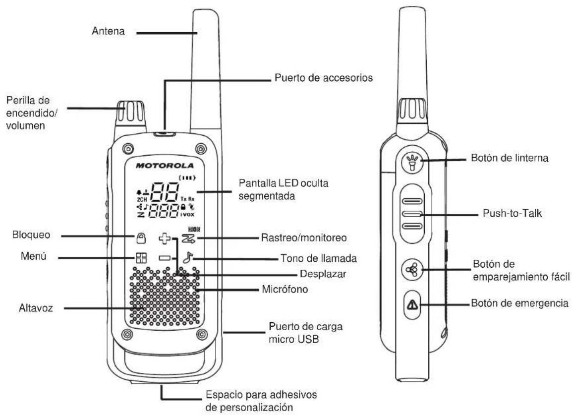 Antena Perilla de encendido/volumen MOTOROLA (111) 2CH Tx Rx z 0.00 ivox Bloqueo Menú Altavoz Puerto de accesorios Pantalla LED oculta segmentada Rastreo/monitoreo Tono de llamada Desplazar Micrófono Puerto de carga micro USB Espacio para adhesivos de personalización Botón de linterna Push-to-Talk Botón de emparejamiento fácil Botón de emergencia