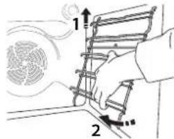 Diagram illustrating airflow or heat transfer process with labeled components 1 and 2, showing hand holding a device with cooling effect.