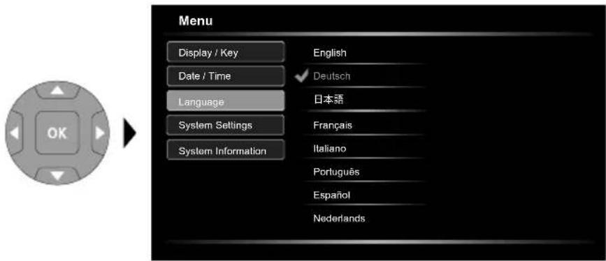 Laserliner VideoFlex HD Micro - Settings mode: Select language (EN, DE, JP, FR, IT, PT, ES, NL) - 1
