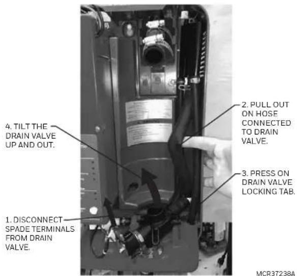 4. TILT THE DRAIN VALVE UP AND OUT. 1. DISCONNECT SPADE TERMINALS FROM DRAIN VALVE. 2. PULL OUT ON HOSE CONNECTED TO DRAIN VALVE. 3. PRESS ON DRAIN VALVE LOCKING TAB. MCR37238A