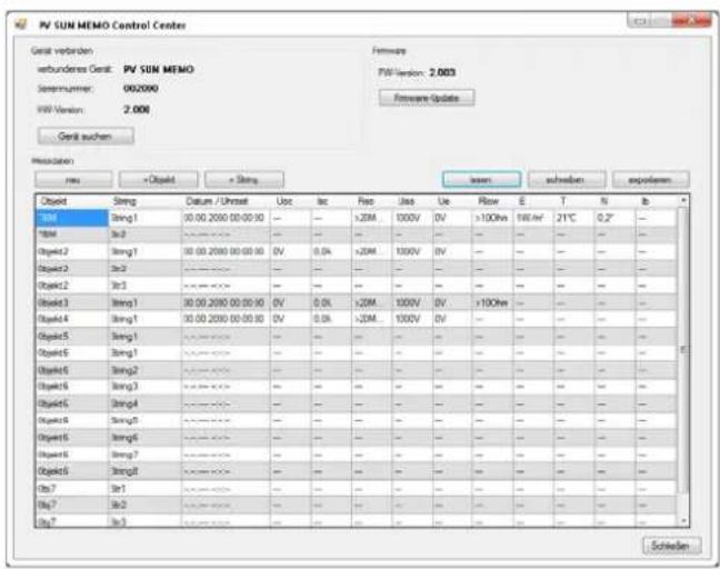 PV SUN MEMO Control Center Geset verbunden verbundere Geset: PV SUN MEMO Sensnummer: 002000 VW Version: 2.000 Geset suchen Properties rev +Object + String Formware PV Version: 2.003 Formware Update Object String Datum / Umsat Usc Inc Rec Jus Use Flow E T N Ib TM Strg1 00.00 2000 00:00:00 -- -- +2DM 1000V DV >100Wh RW/ft 21°C 0,2" -- TM Strg2 00.00 2000 00:00:00 DV 0,0% +2DM 1000V DV -- -- -- -- Strg2 Strg3 00.00 2000 00:00:00 DV 0,0% +2DM 1000V DV >100Wh -- -- -- -- Strg2 Strg3 Strg4 30.00 2000 00:00:00 DV 0,0% +2DM 1000V DV -- -- -- -- Strg4 Strg5 Strg6 Strg7 Strg8 Strg9 Strg10 Strg11 Strg12 Strg13 Strg14 Strg15 Strg16 Strg17 Strg18 Strg19 Strg20 Strg21 Strg22 Strg23 Strg24 Strg25 Strg26 Strg27 Strg28 Strg29 Strg30 Strg31 Strg32 Strg33 Strg34 Strg35 Strg36 Strg37 Strg38 Strg39 Strg40 Strg41 Strg42 Strg43 Strg44 Strg45 Strg46 Strg47 Strg48 Strg49 Strg50 Strg51 Strg52 Strg53 Strg54 Strg55 Strg56 Strg57 Strg58 Strg59 Strg60 Strg61 Strg62 Strg63 Strg64 Strg65 Strg66 Strg67 Strg68 Strg69 Strg70 Strg71 Strg72 Strg73 Strg74 Strg75 Strg76 Strg77 Strg78 Strg79 Strg80 Strg81 Strg82 Strg83 Strg84 Strg85 Strg86 Strg87 Strg88 Strg89 Strg90 Strg91 Strg92 Strg93 Strg94 Strg95 Strg96 Strg97 Strg98 Strg99 Strg100 Strp E