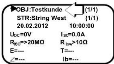 OBJ:Testkunde STR:String West 20.02.2012 (1/1) (1/1) 10:00:00 Uoc=0V Riso=>20MΩ E=--- ∠=--- Isc=0.0A Rlow>10Ω T=--- lb=---