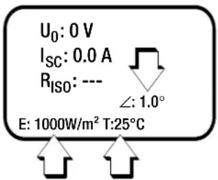 U₀: 0 V Iₛ꜀: 0.0 A Rᵢₛₒ: --- ∠: 1.0° E: 1000W/m² T:25°C