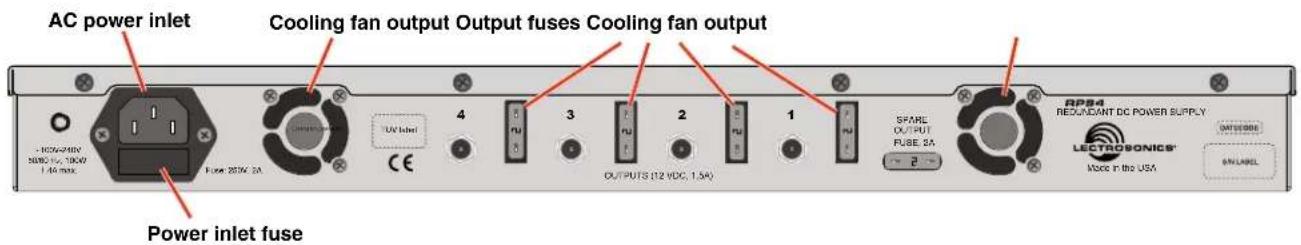 AC power inlet Cooling fan output Output fuses Cooling fan output Power inlet fuse - 10kV/240V 500V DC 10kW 1.46 max Fuse 20kV 2A UV label CE 4 3 2 1 SPARE OUTPUT FUSE 2A - 2 - RPS4 REDUCANT DC POWER SUPPLY LECTROSONICS® Input in the USA MITS8000 SNLABEL