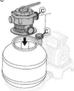 Technical diagram of a mechanical device with labeled components C and directional arrow indicating assembly or movement.