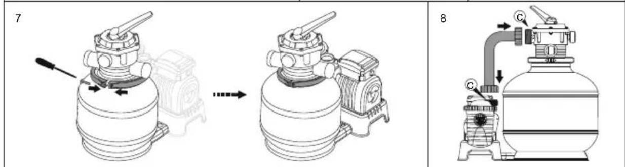 Technical diagram showing two stages of a mechanical device with labeled parts and directional arrows indicating motion.