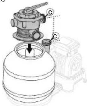 Technical diagram of a mechanical device with labeled components C and directional arrow indicating assembly or movement.