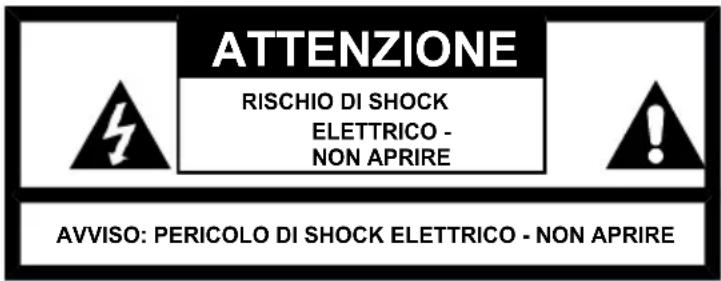 ATTENZIONE RISCHIO DI SHOCK ELETTRICO - NON APRIRE AVVISO: PERICOLO DI SHOCK ELETTRICO - NON APRIRE