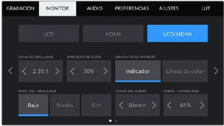 Blackmagic Design Pocket Cinema Camera 6K Pro - Ajustes de monitorización 1 (LCD/HDMI) - 1