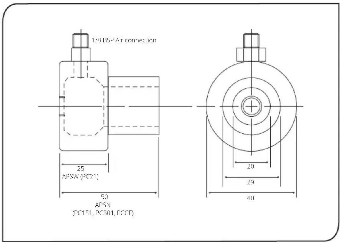 1/8 BSP Air connection 25 APSW (PC21) 50 APSN (PC151, PC301, PCCF) 20 29 40