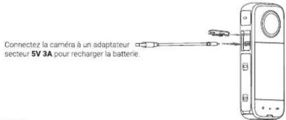 Connectez la caméra à un adaptateur secteur 5V 3A pour recharger la batterie.