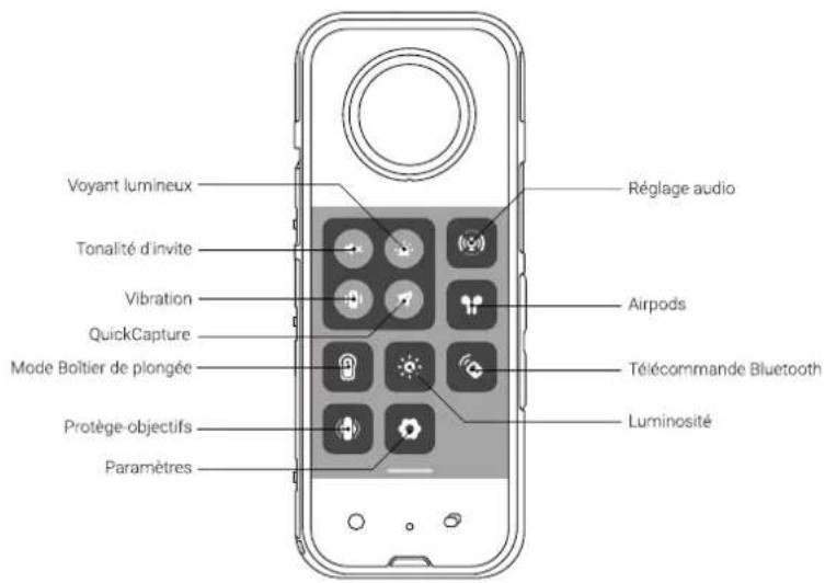 Voyant lumineux Tonalité d'invite Vibration QuickCapture Mode Boîtier de plongée Protège-objectifs Paramètres Réglage audio Airpods Télécommande Bluetooth Luminosité