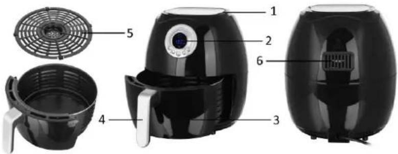 Exploded view diagram of a black air fryer with labeled parts including fan, pan, and air filter