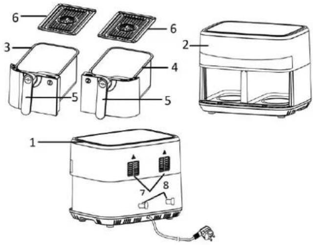 Exploded diagram of a toaster oven with labeled parts including air purifier, heater, and front panel