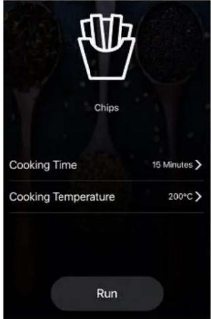 Chips Cooking Time 15 Minutes > Cooking Temperature 200°C > Run