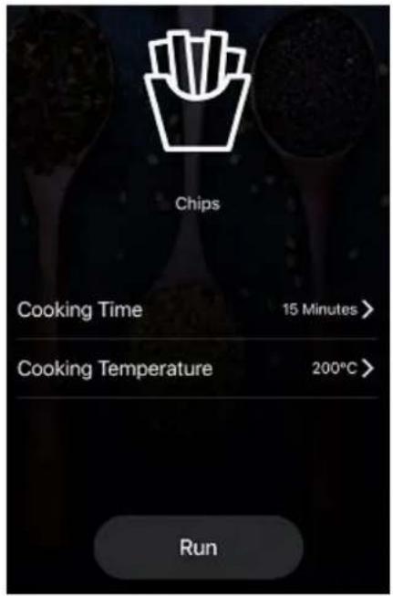 Chips Cooking Time 15 Minutes > Cooking Temperature 200°C > Run